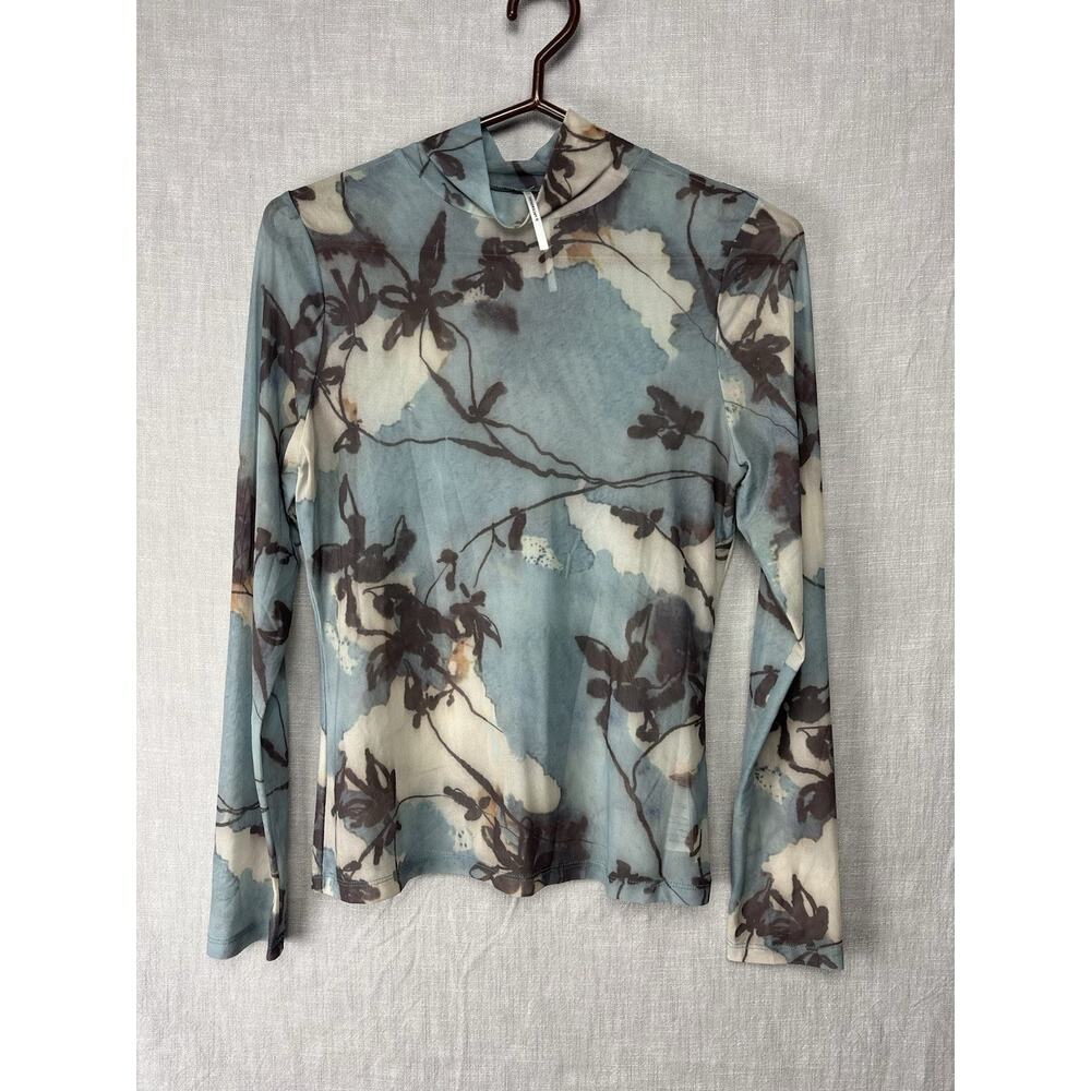 Anthropologie Mesh Turtleneck Top Floral Sz M Sheer Stretch